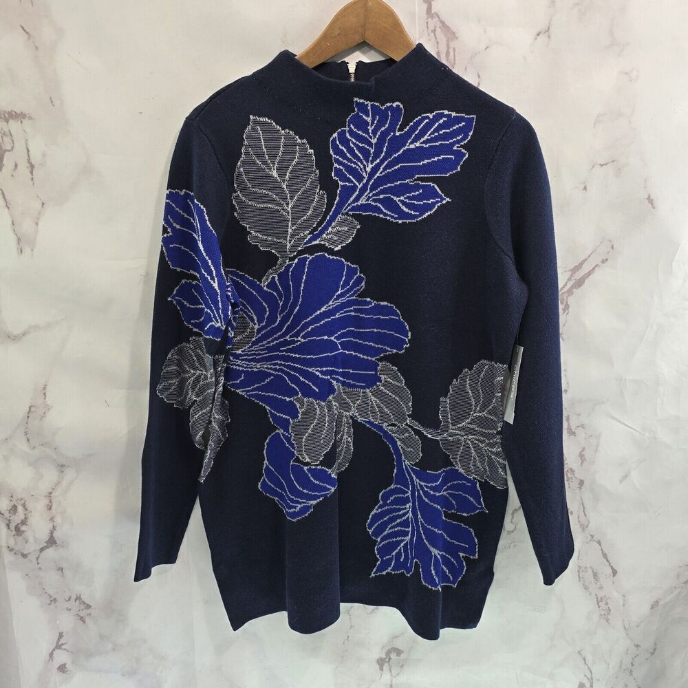 Chicos Sweater Women Medium 1 Blue Leaf Zip Back Funnel Neck Floral Jacquard